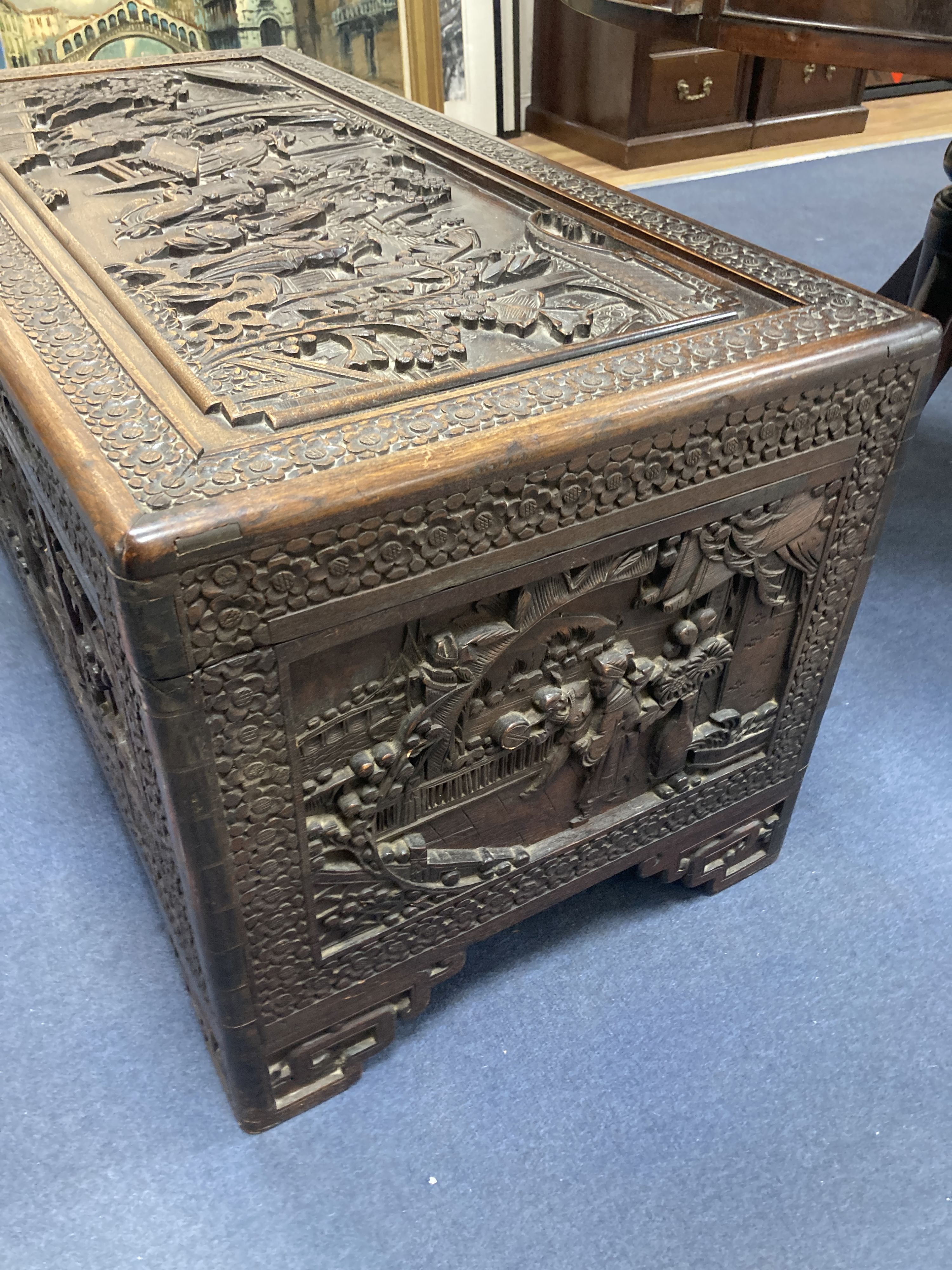 A carved camphorwood blanket box, length 101cm, depth 50cm, height 50cm